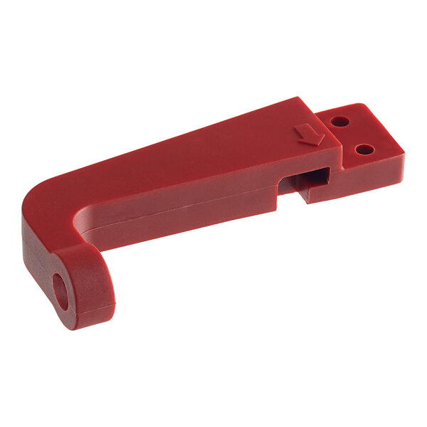 A red plastic Hobart extension bracket with holes and a red handle.