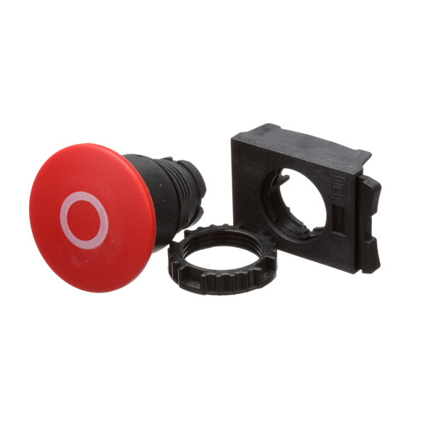 A red push button with a black plastic ring.