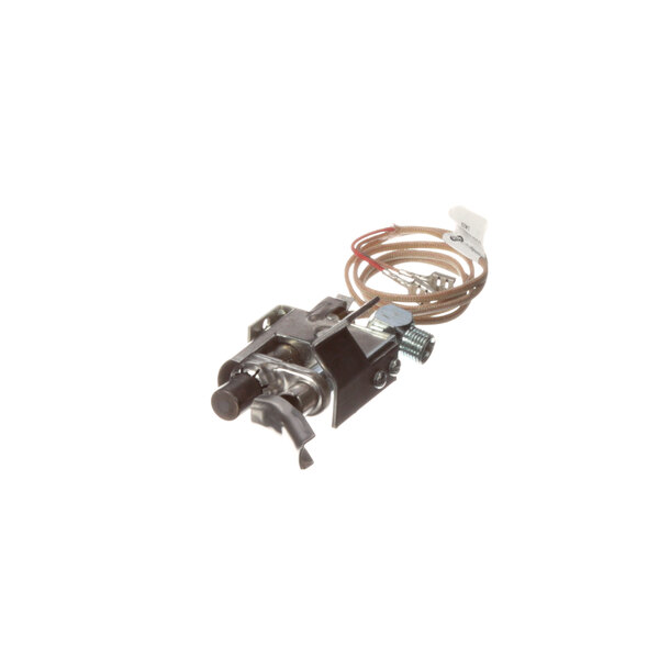 A close-up of a metal Frymaster Pilot Propn Assembly with wires attached.