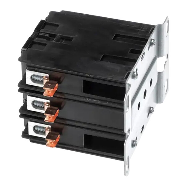 A three-pole electrical contactor with a metal mounting bracket and copper terminals.