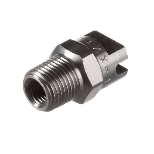 A stainless steel threaded connector on a metal piece.