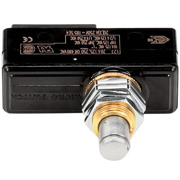 A close up of a black and gold Bakers Pride door switch.