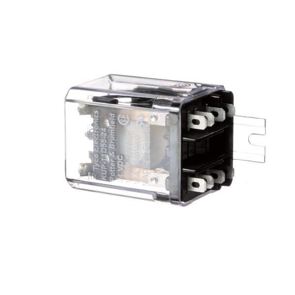 A clear plastic box with a black cover containing a Henny Penny 30429 relay.