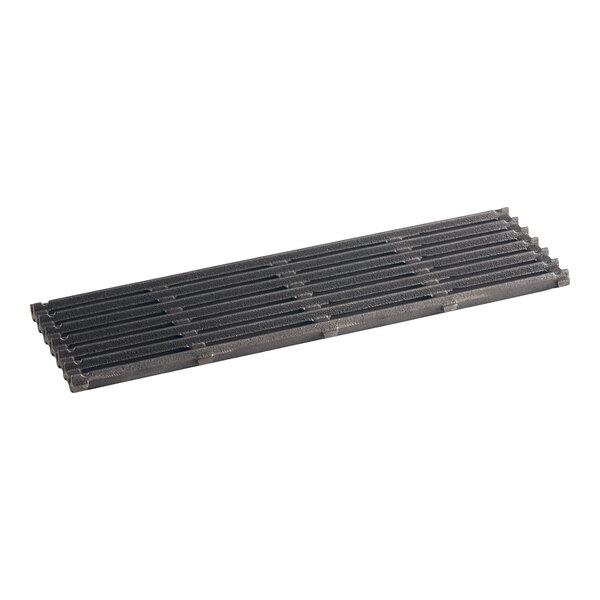 A rectangular, black, metal grate with parallel bars and a textured surface.