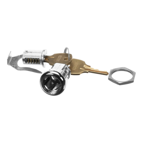 A close-up of a Delfield glass door lock key and ring.