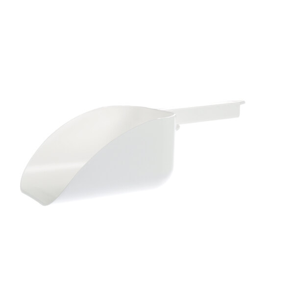 A white plastic Manitowoc Ice scoop with a handle.