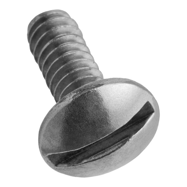 A metal slotted round head screw with a threaded body.