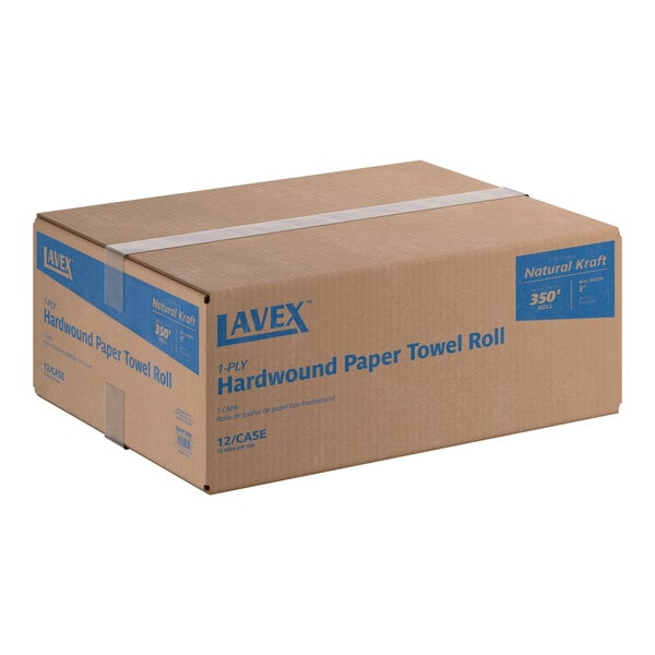 A cardboard case of Lavex Natural Kraft Hardwound Paper Towel rolls, containing 12 rolls each 350 feet long.