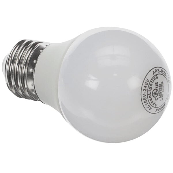A close-up of a Norlake 115V light bulb with a silver base and label