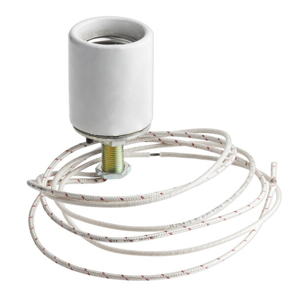 A white socket end with a wire attached to it.