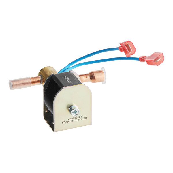A Manitowoc Ice hot gas solenoid valve with blue wires.