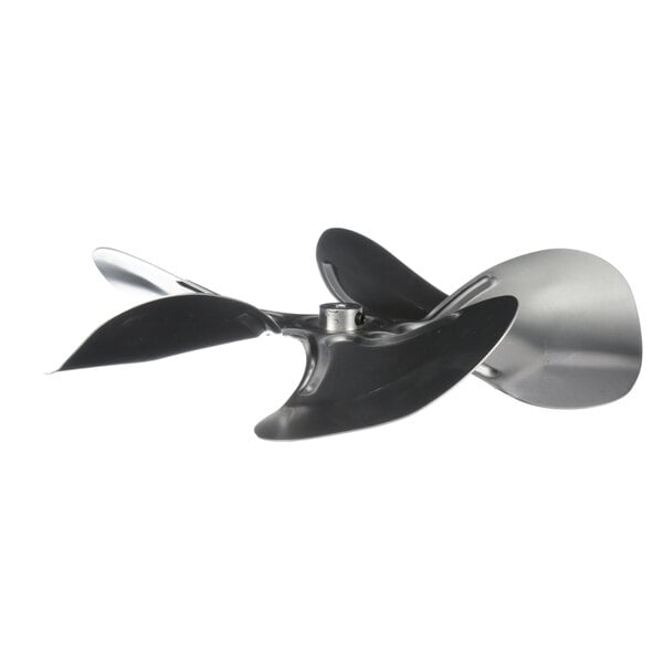 A close-up of a Bally fan blade propeller with two blades.