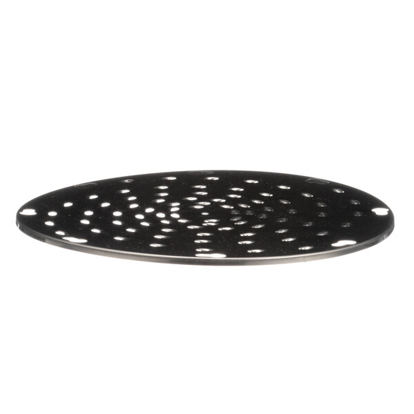 A black metal Univex shredder plate with circular holes.