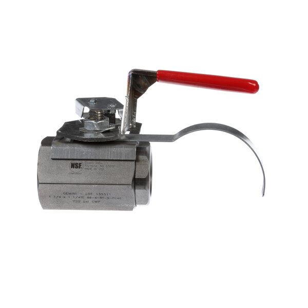 A stainless steel Frymaster valve assembly with a red handle.