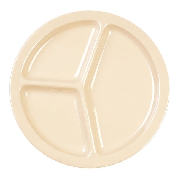 A white Thunder Group Nustone melamine plate with three compartments.