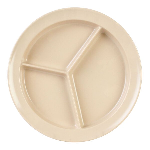 A tan melamine plate with three deep compartments.