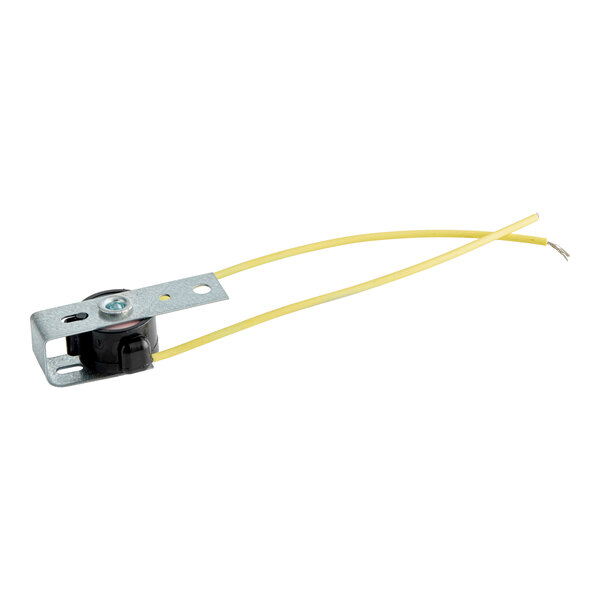 A metal and plastic buzzer component with two attached yellow wires.