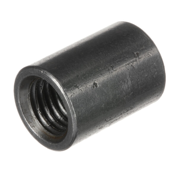 A close-up of a black metal cylinder with a threaded nut.