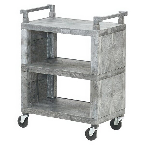 A gray Vollrath utility cart with three shelves on wheels.