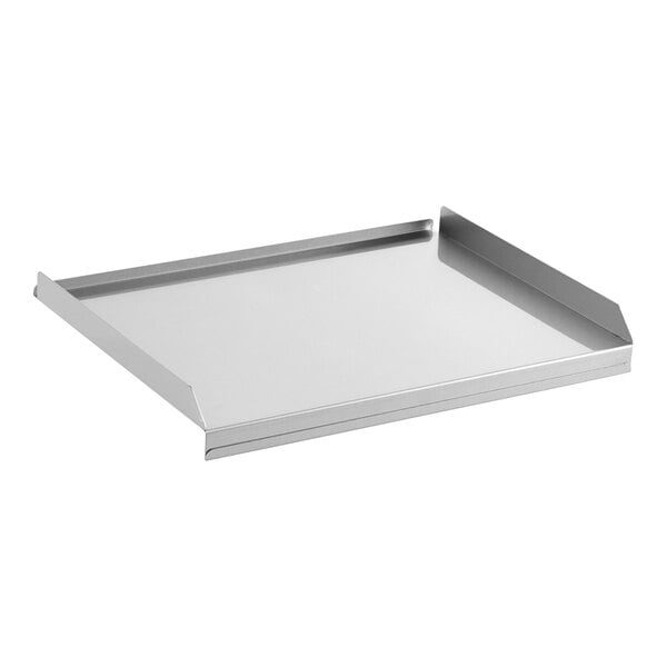 A stainless steel outfeed shelf with raised edges, designed for use with commercial kitchen equipment.