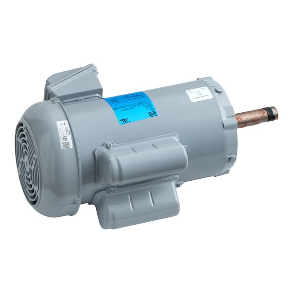 A gray cylindrical electric motor with a vented end cover, attached mounting brackets, and a protruding metal shaft.