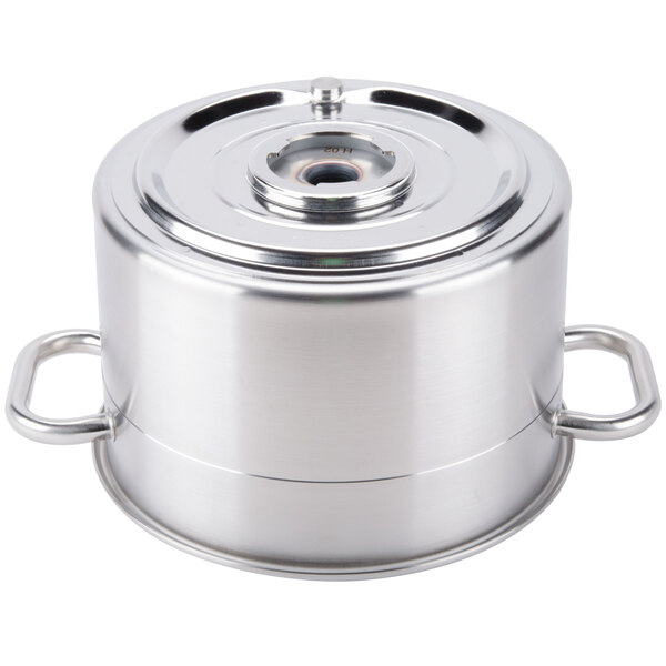 A stainless steel bowl assembly with two handles.