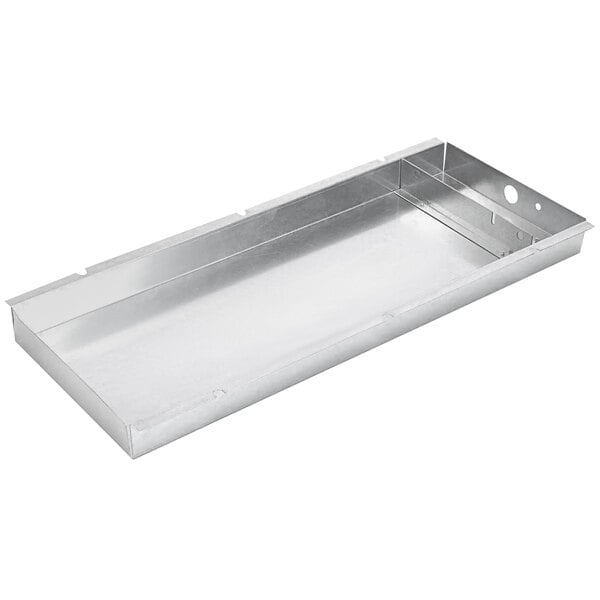 A silver rectangular metal tray with holes on a handle.