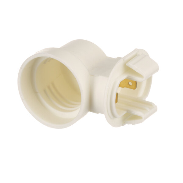 A white plastic Perlick lamp holder connector with a hole.