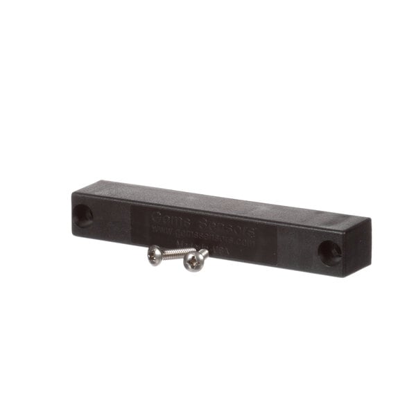 A black metal rectangular door magnet bracket with screws.