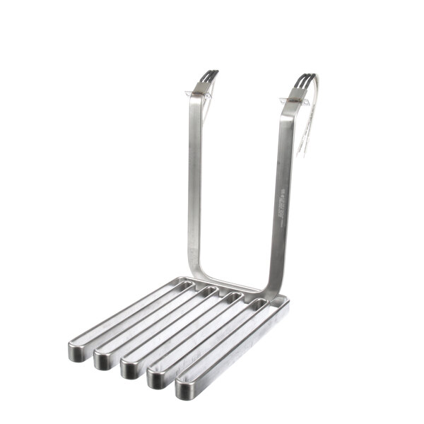 A stainless steel rack with four hooks for a Henny Penny fryer.