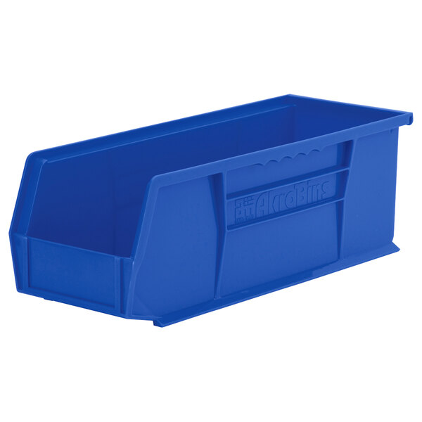 A blue Metro stack bin with a handle.