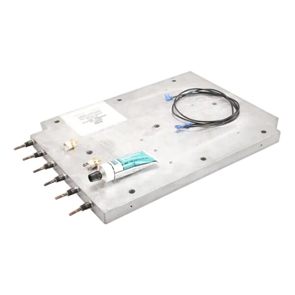 A metal rectangular plate with tubes and wires.