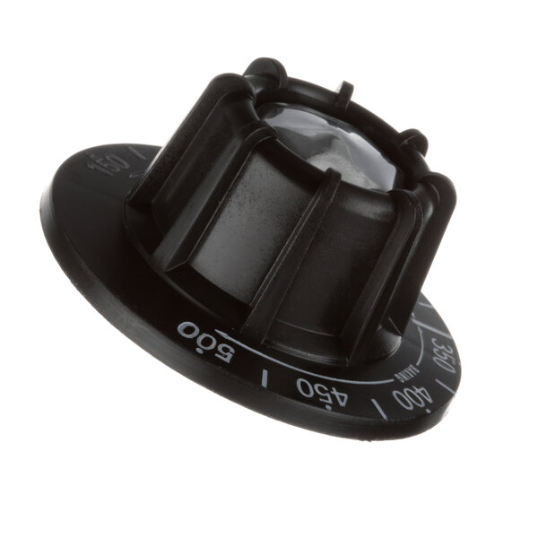 A black plastic knob with white text reading "Fahrenheit" and "Blodgett"