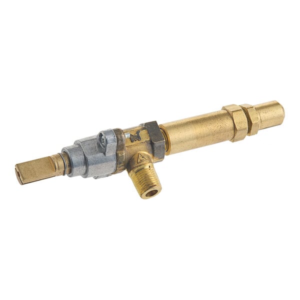A brass and silver US Range Hi-Low LP valve assembly with a brass handle.