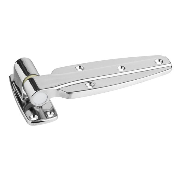 A chrome-plated Kason 1245-000068 door hinge with multiple screw holes for mounting.
