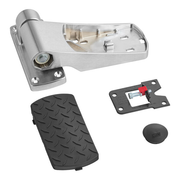 A metal lift-off hinge set with additional mounting and cover components.