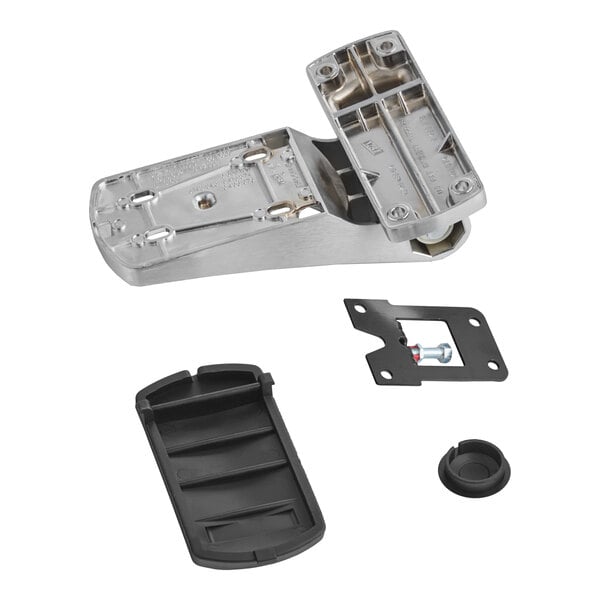 A metal lift-off hinge with accompanying mounting hardware and plastic components.