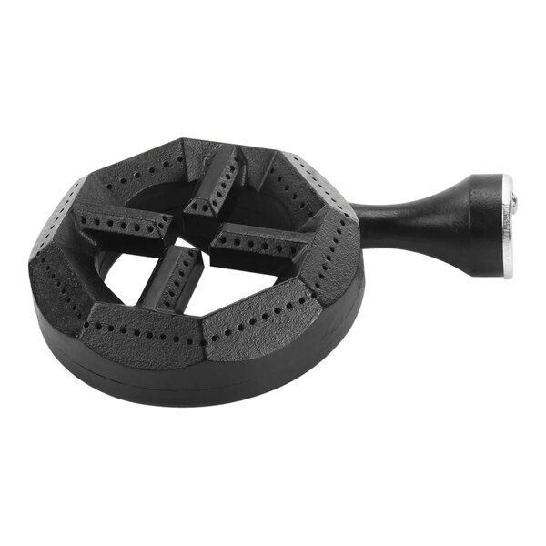 A black circular front burner assembly with holes.