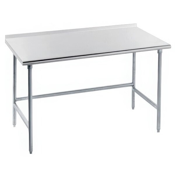 A white rectangular Advance Tabco work table with stainless steel legs.
