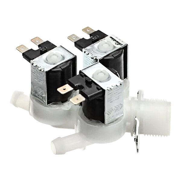 A close-up of a black and silver Convotherm triple solenoid valve with white plastic valves.