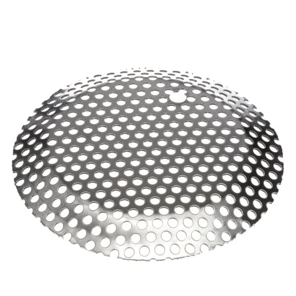 A 6 inch diameter metal circle with a stainless steel mesh plate with holes.