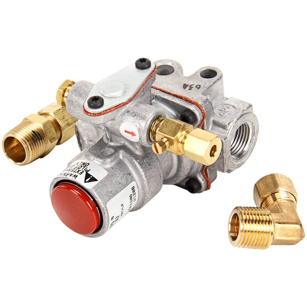 A close-up of a Tri-Star Safety Valve for a range oven with brass fittings.