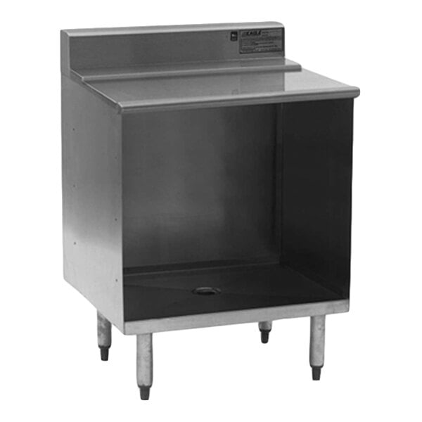 A stainless steel modular storage unit with a flat top, open front, and four legs.