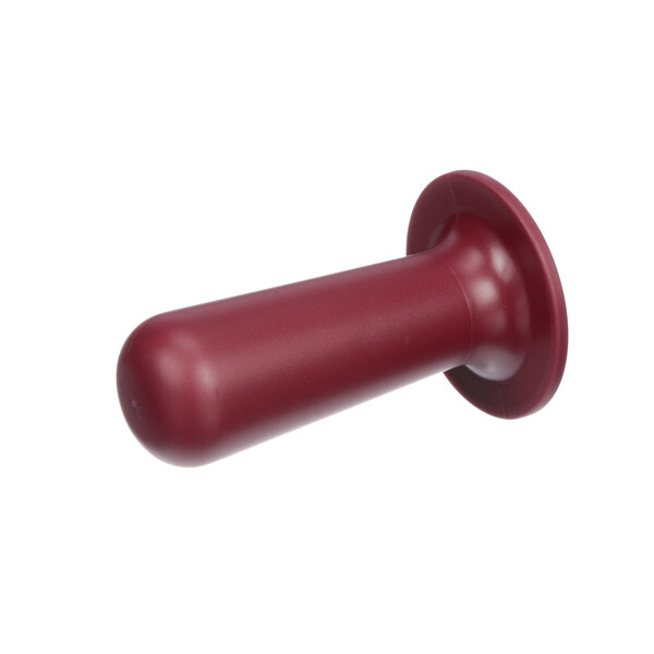 A close-up of a red plastic knob with a round base.