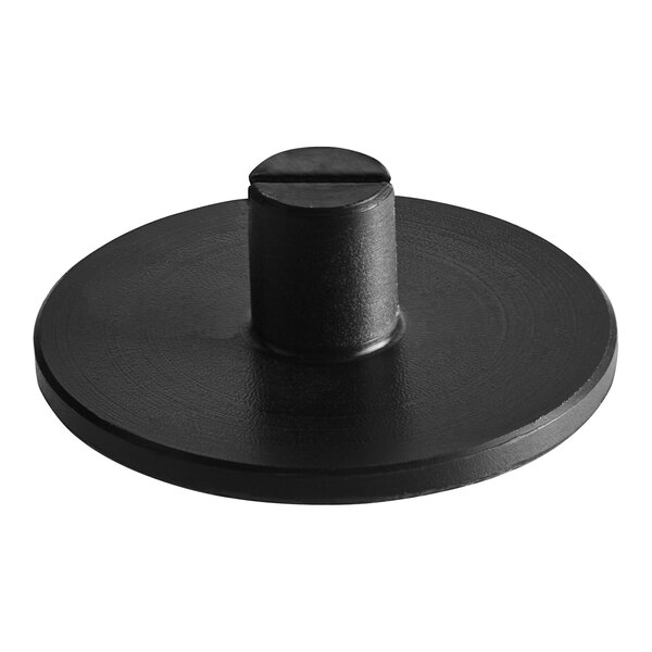 A black Berkel spacer plug with a round base and a hole in the middle.