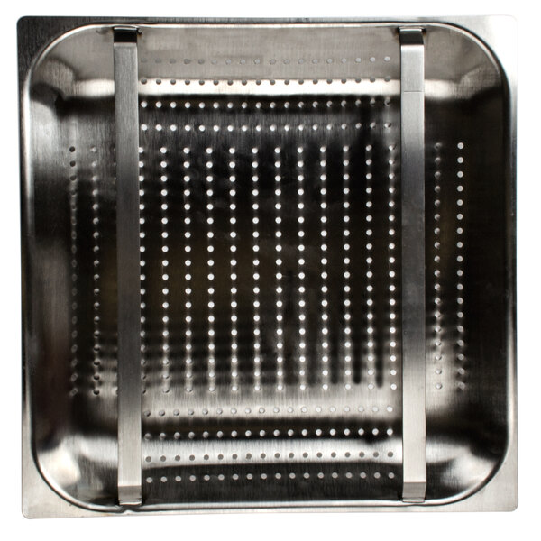 A stainless steel Advance Tabco pre-rinse basket with holes in it.