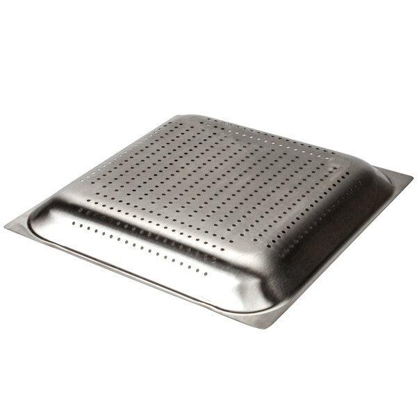 A stainless steel square with holes.