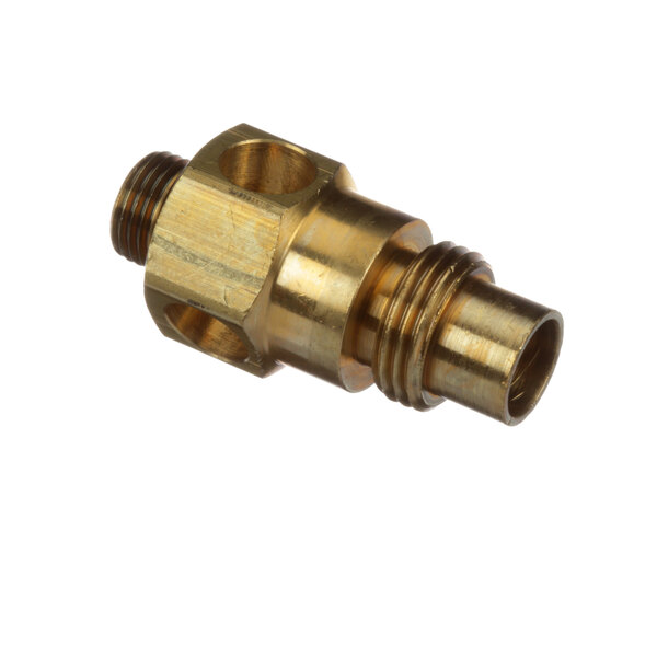 A close-up of a Groen natural gas orifice with brass threading.