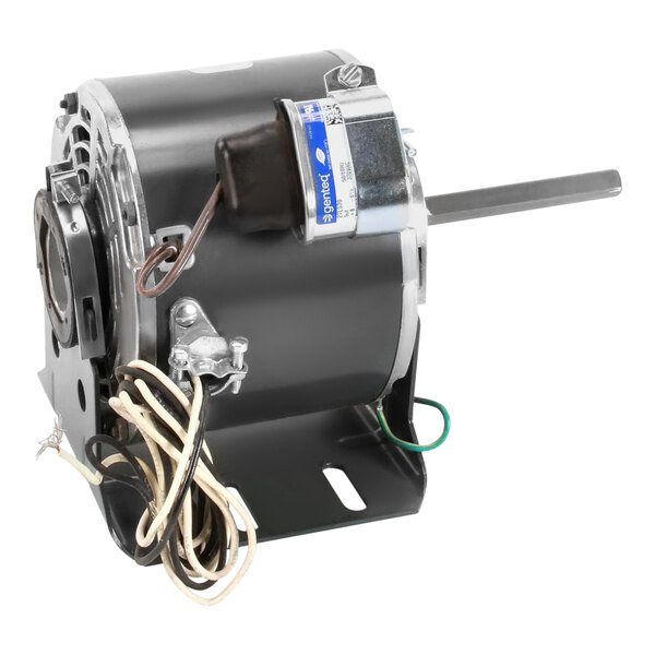 A Master-Bilt fan motor with a base and wires.