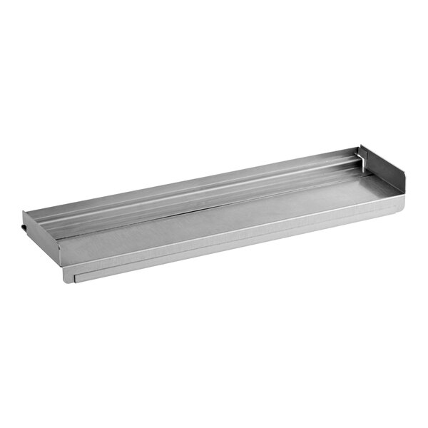 A rectangular metal shelf with raised edges on three sides.